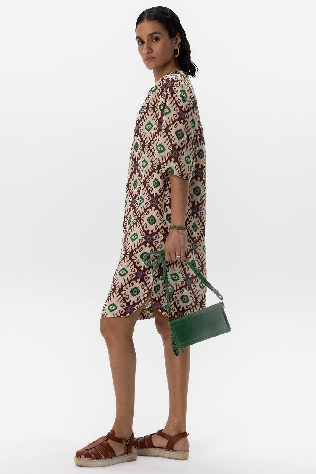 Donkerbruine midi jurk met ikat print