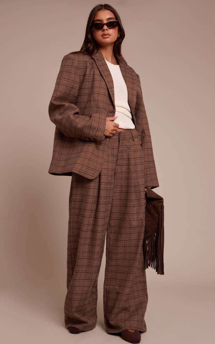 Marron Pantalon Large Tailleur En Sergé Tissé Premium À Carreaux