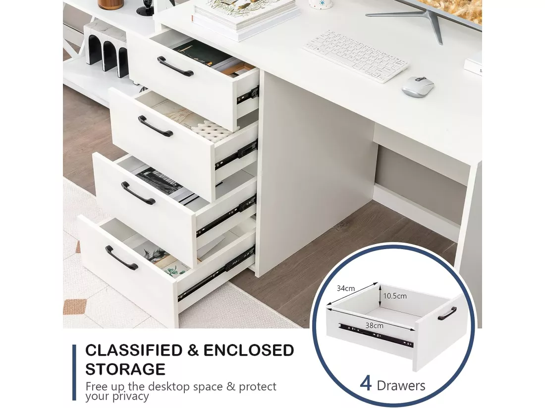 Bureau Droit avec 4 Tiroirs MDF Finition Mélaminé et Laqué UV - L110 x P60 x H76 cm- Brillance Blanche