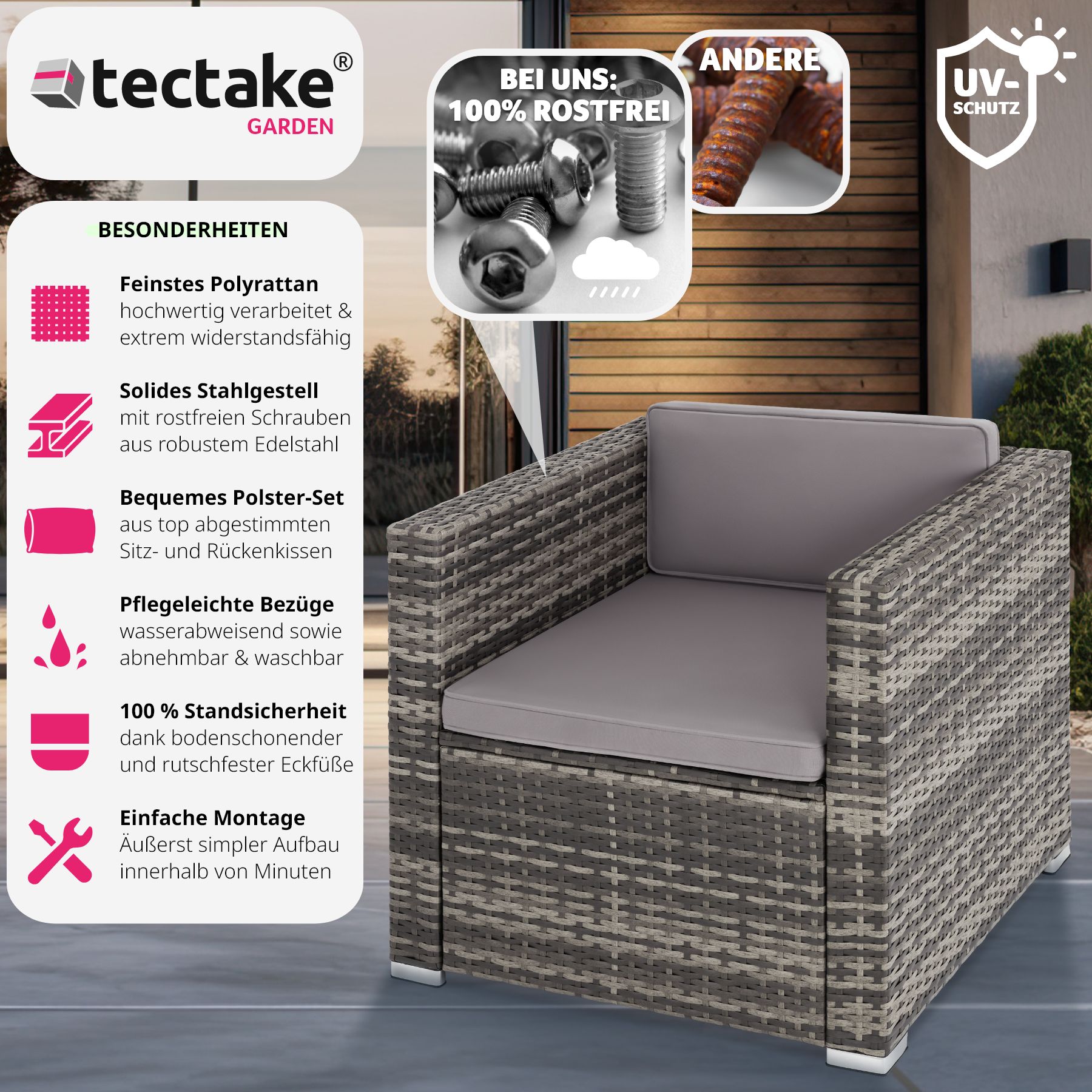 tectake® Rattansessel , widerstandsfähig, inklusive Sitz- und Rückenpolster, 70 x 69 x 65cm