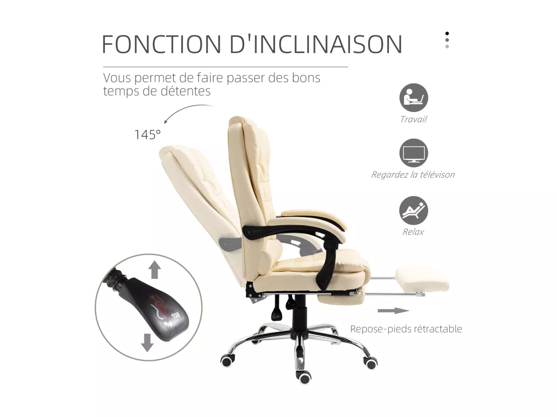 Fauteuil de bureau fauteuil manager grand confort réglable dossier inclinable repose-pied revêtement synthétique crème