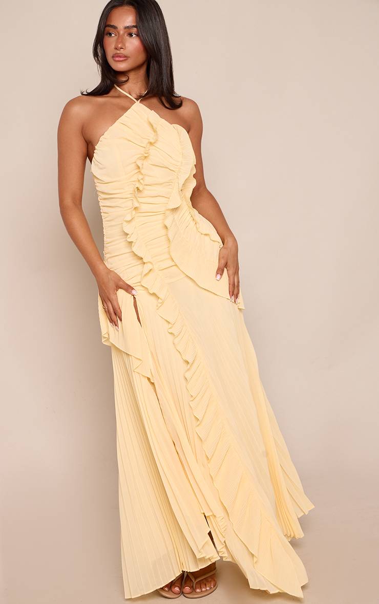 Citron Robe Maxi Plissée À Volants Et Col Licou Petite