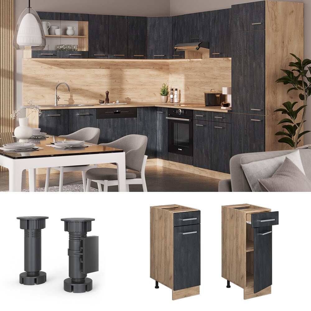 Vicco Schubunterschrank R-Line Schwarz Beton Eiche 30 cm mit Arbeitsplatte Weiß-Marmor