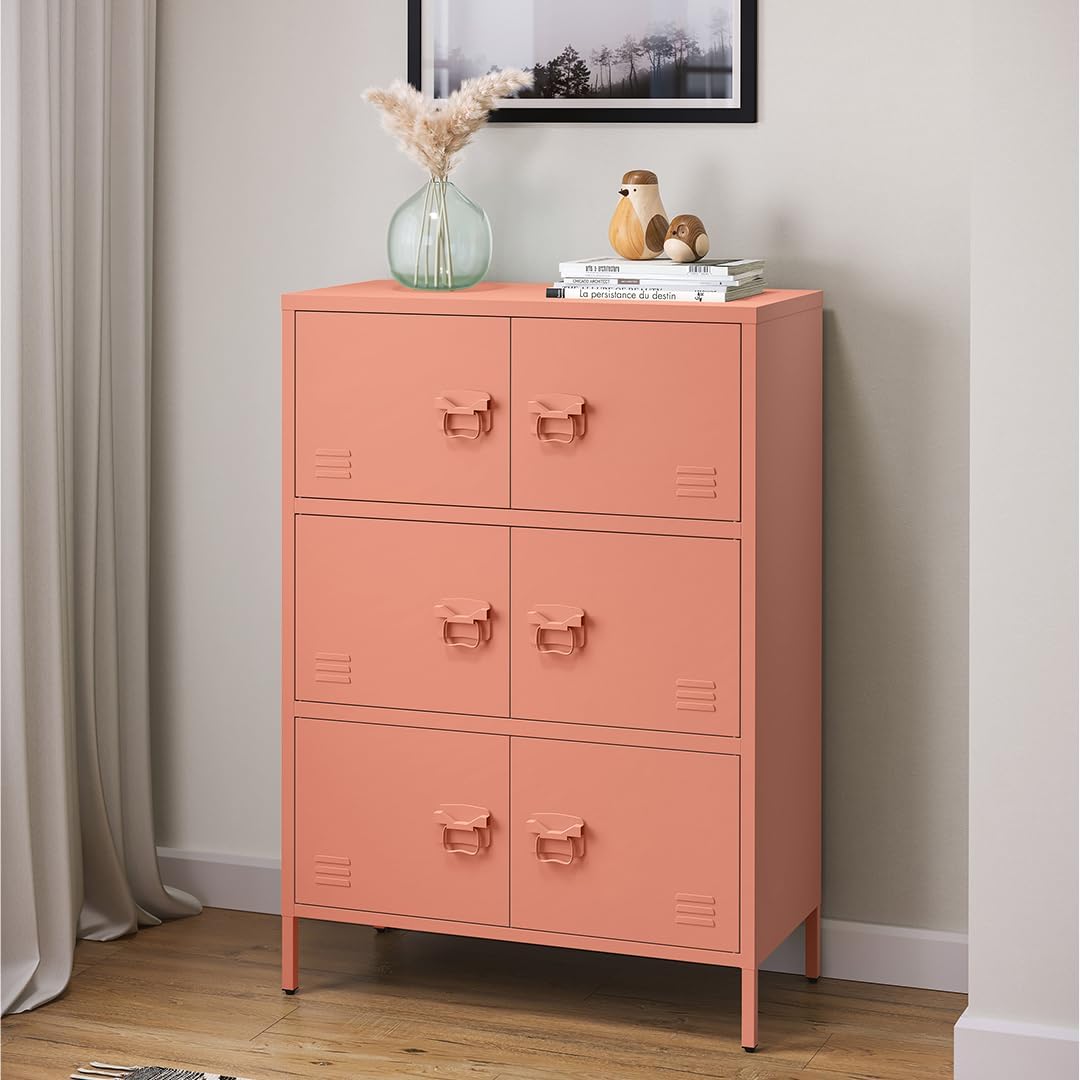 skølm Zandor Metall Kommode – Sideboard mit 3 Fächern & 6 Türen – Metallschrank in Terrakotta – Mehrzweckschrank – Highboard 80 cm breit – höhenverstellbare Füße – Aufbewahrungsschrank – Flurschrank