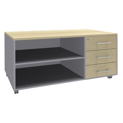 Console mobile EXPRIM/URBAN/LOFTER/LEVEL - L120 x H63 x P60 cm - 3 tiroirs - coté aluminium - finition façade et dessus imitation Erable
