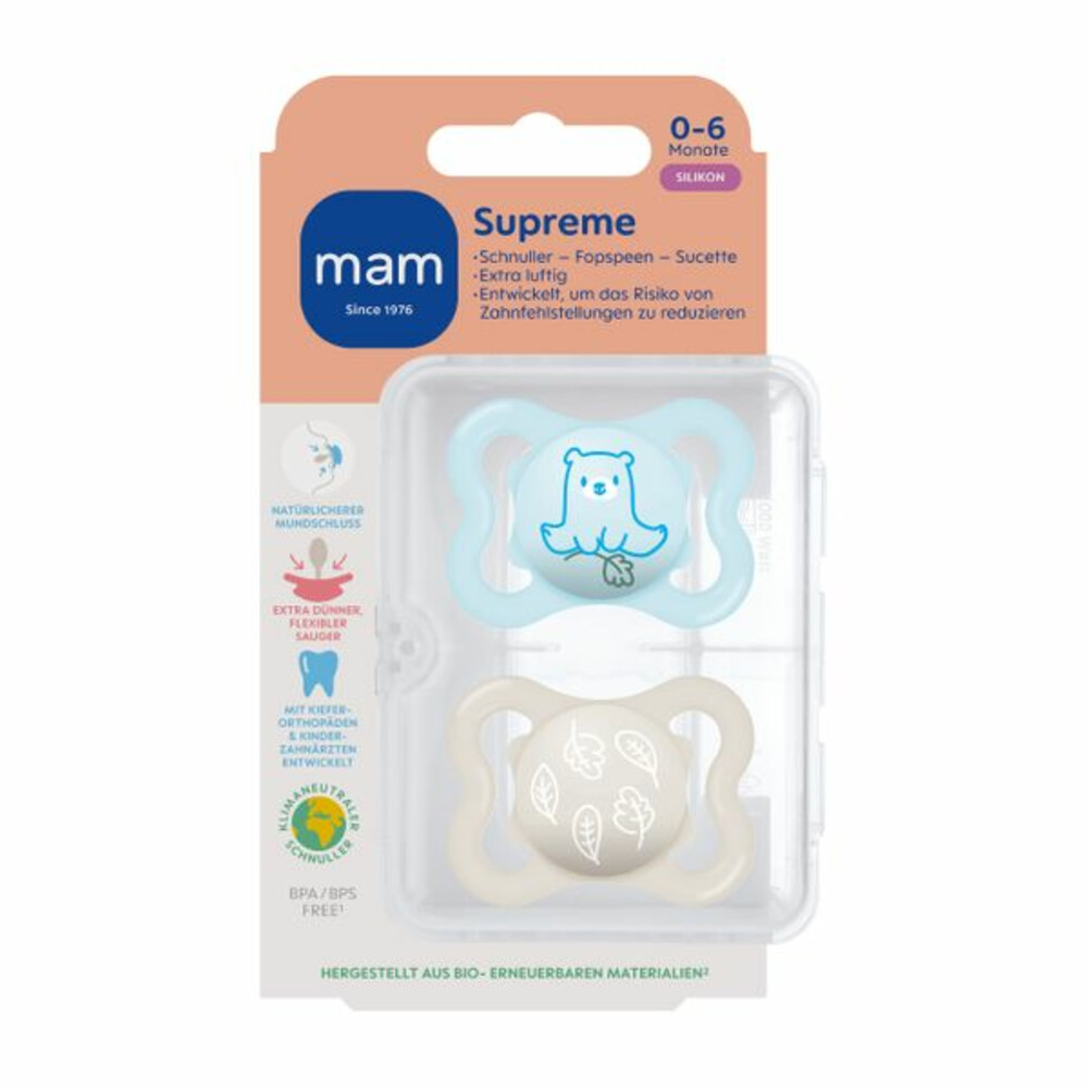 MAM Fopspeen Supreme Silikon 0-6 mnd Blauw2 stuks