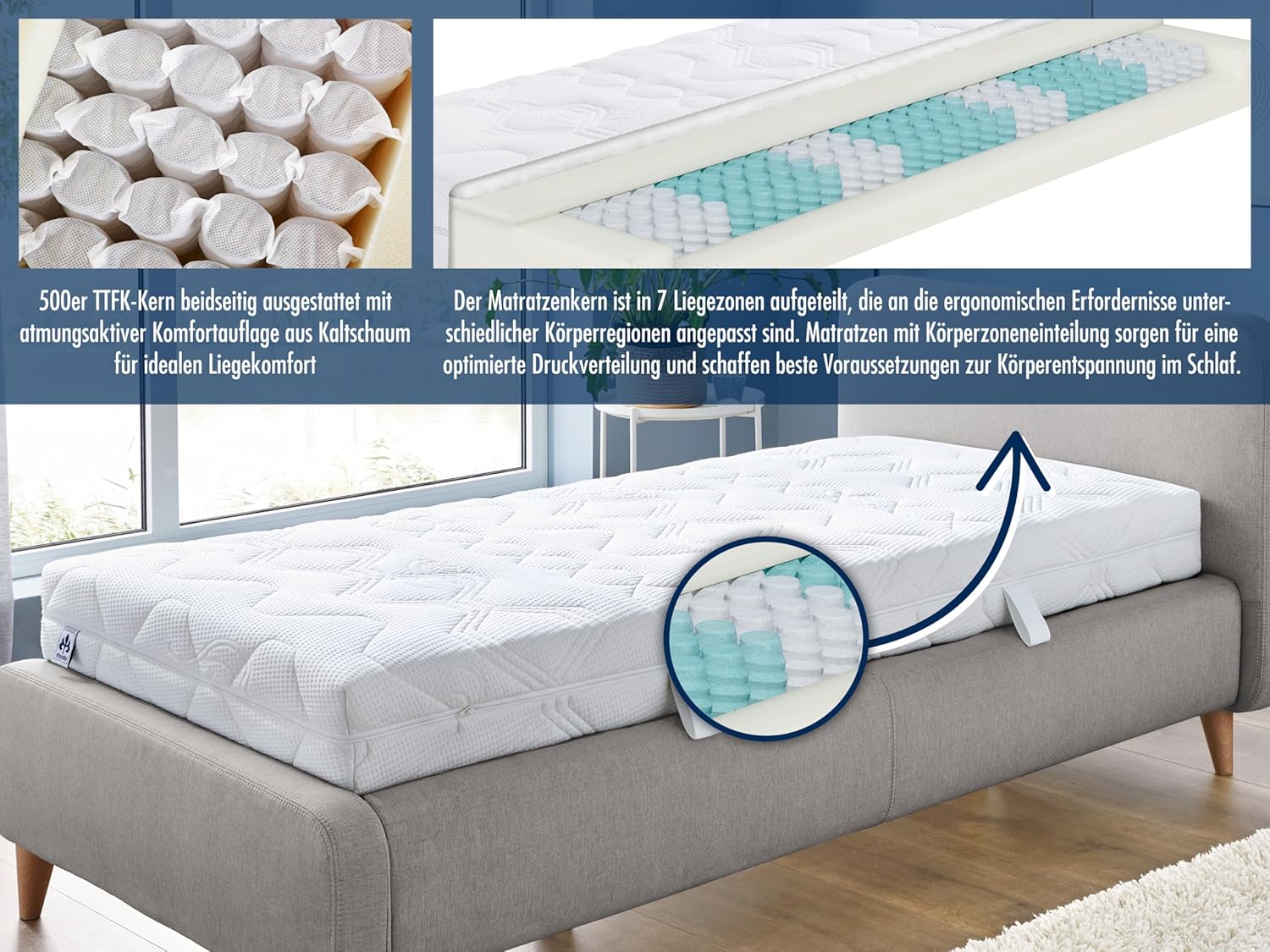 Irisette Lotus orthopädische 7-Zonen 500er Tonnentaschenfederkernmatratze, Härtegrad 3 (mittelfest), 90 x 200 cm, Öko-Tex zertifiziert, produziert nach deutschem Qualitätsstandard