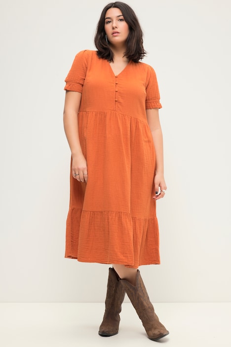 Musselin-Midikleid, A-Line, V-Ausschnitt, Halbarm