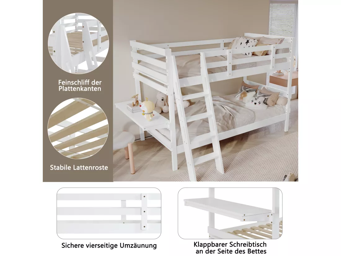 Lits superposés 2 x 90 x 200 cm avec échelle et petit bureau - bois de pin + MDF - blanc (sans matelas)