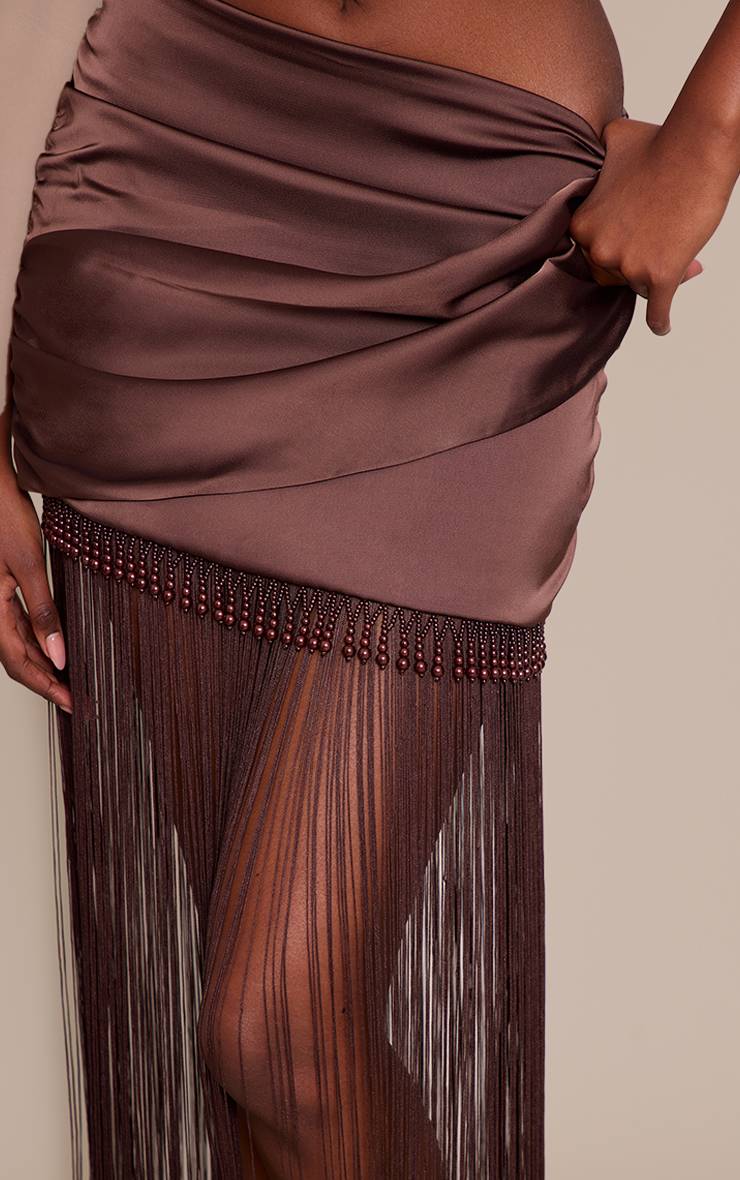 Chocolate Brown Ensemble Jupe Mini À Ourlet À Franges Perlées En Satin