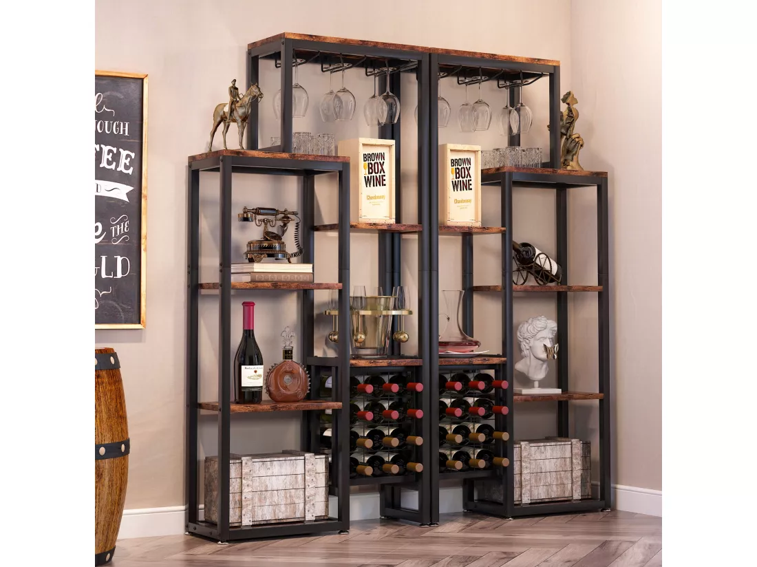 Étagère à vin Autonome à 5 étages avec Support en Verre et Rangement de vin, étagère Industrielle pour Bar, Cuisine, Salle à Manger (Marron)