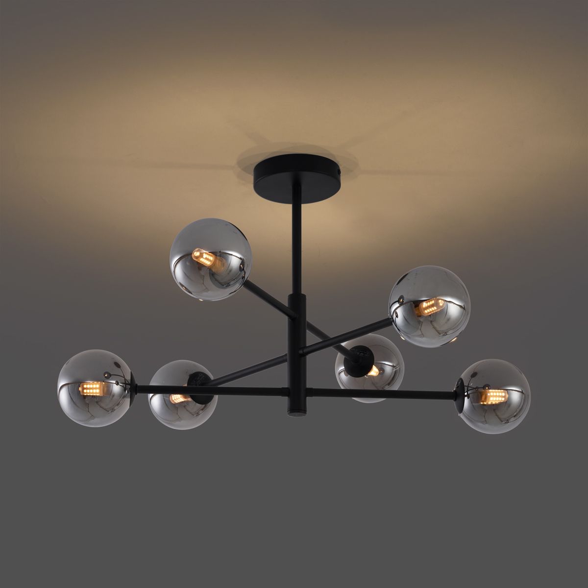 Moderne plafondlamp zwart met smoke glas 6-lichts - Ryan