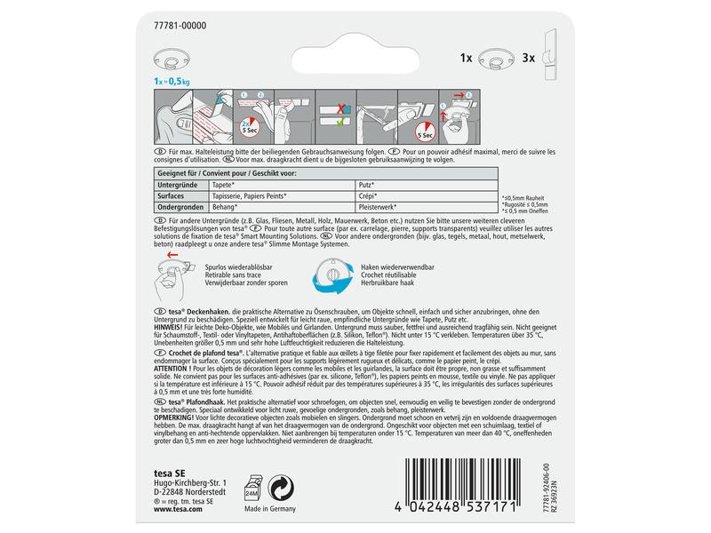 tesa Deckenhaken für Tapete & Putz 0.5 kg Deckenhaken für Tapete & Putz
