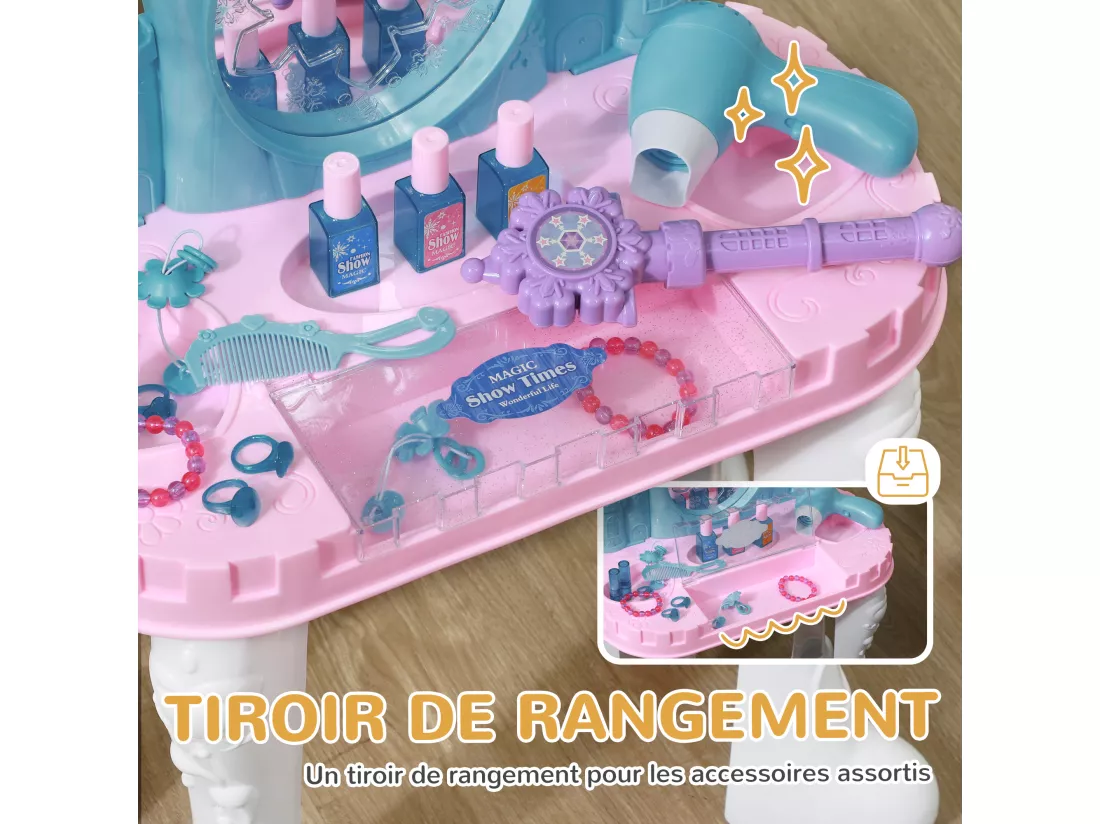 Ensemble coiffeuse tabouret enfant design château - nombreux accessoires - effets lumineux sonores - bleu blanc rose