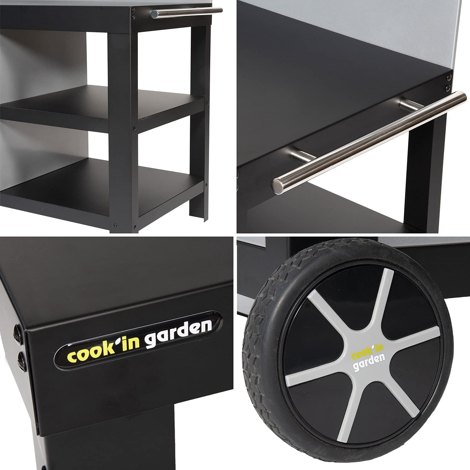 Cook'in Garden - Desserte en Acier Noire Nova pour plancha. Desserte extérieure à roulettes pour Plancha et Barbecue.