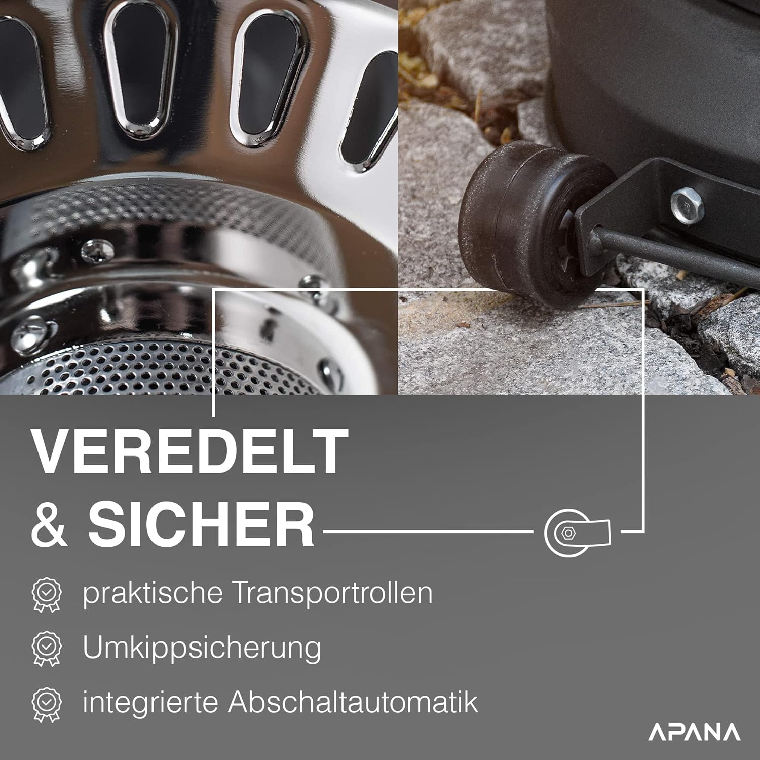 APANA 14kW Gas Heizpilz Bellamente ONE – Terrassenheizer mit Abschaltautomatik, Umkippsicherung, Gasheizstrahler für außen, Anthrazit, Outdoor Heizstrahler, Transportrollen Balkon Garten
