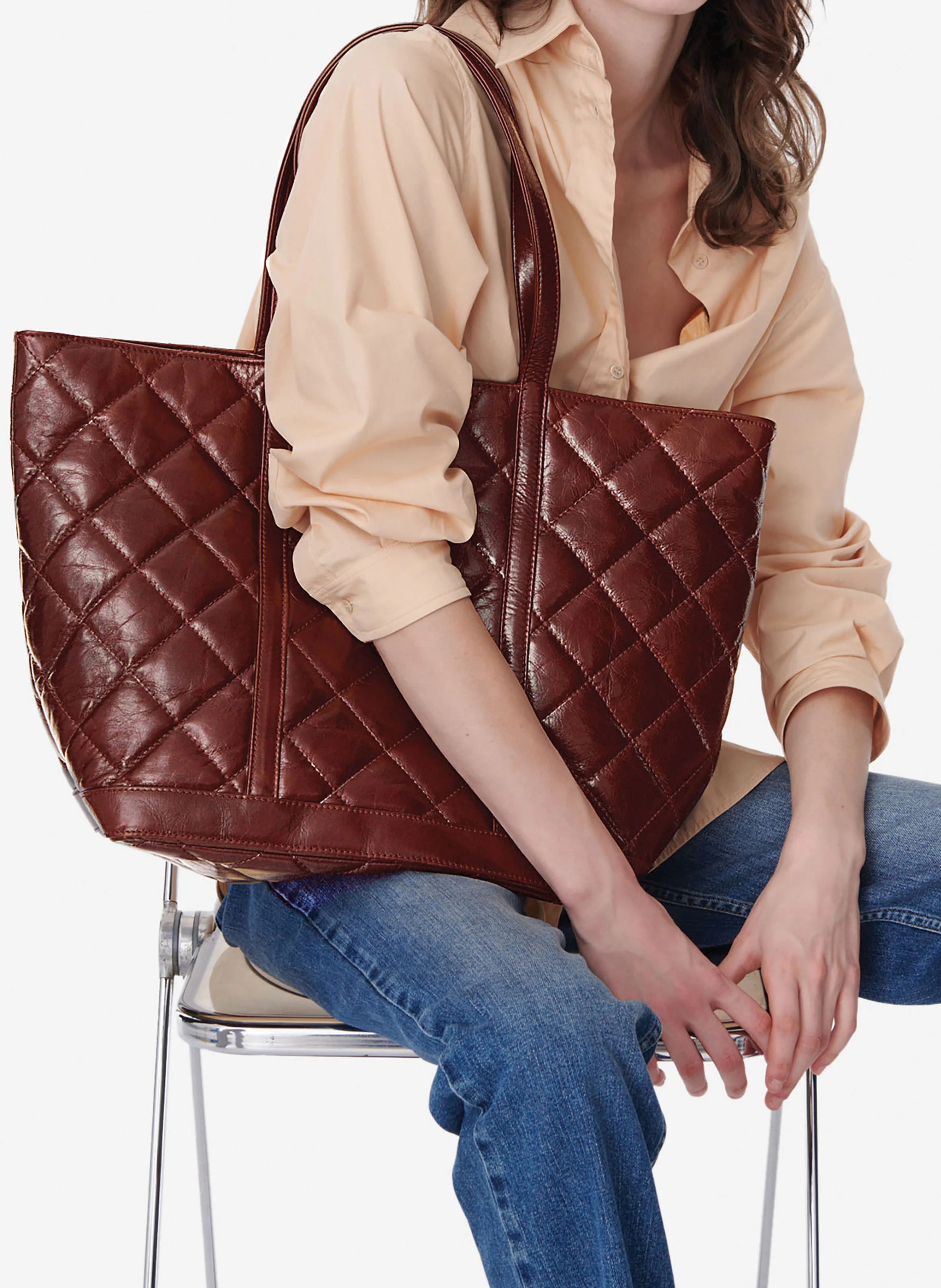Cabas XL en cuir matelassé | Marron