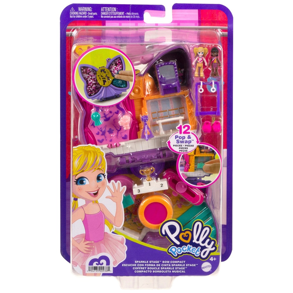 Polly Pocket Glitzer-Bühnenschleifen-Kompaktset mit Mikropuppen und Zubehör