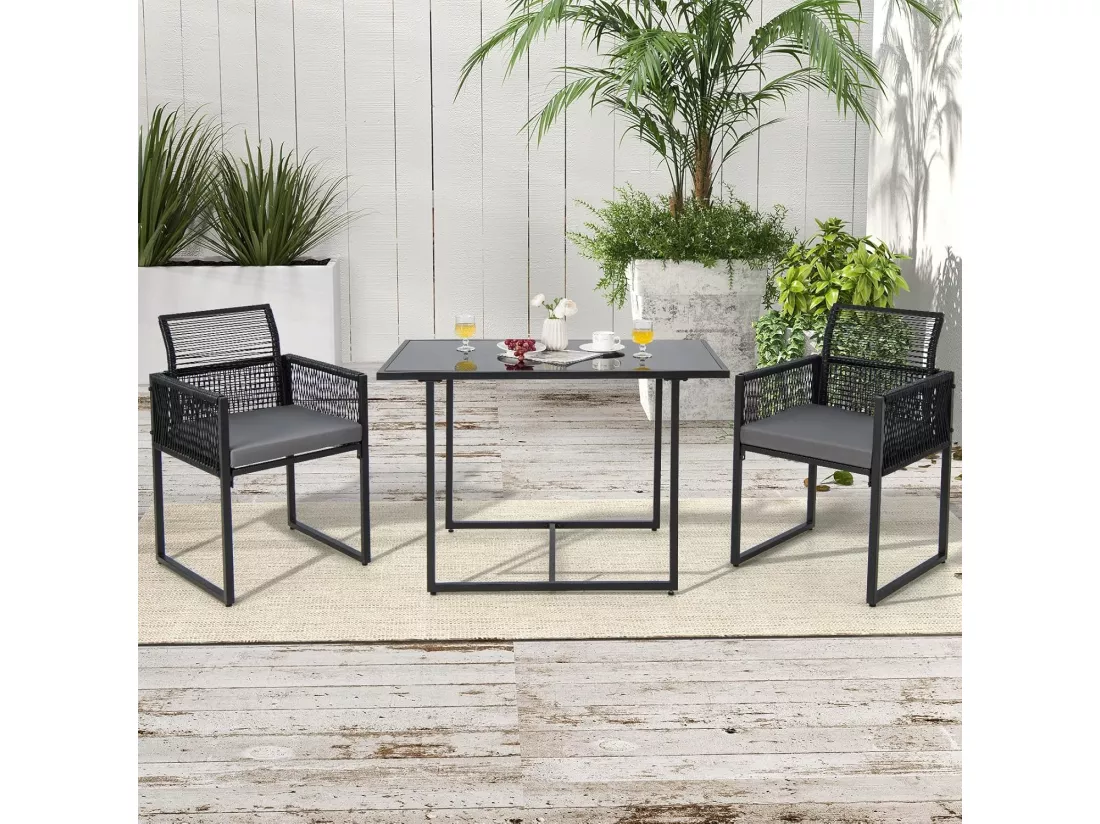 Ensemble de Meubles de Patio 3 Pcs en Rotin et fibre naturelle PE avec Dossier Pliant Charge 150KG, Salon de Jardin avec Coussins Plateau de Table en Verre Trempé, pour Jardin Bord de Piscine