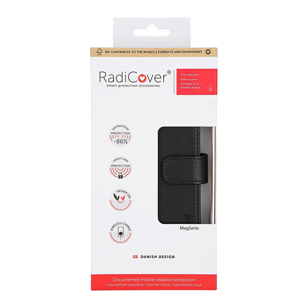 RadiCover iPhone 15 Flipcover med Strålingsbeskyttelse PU MagS RFID Sort - 1 stk.