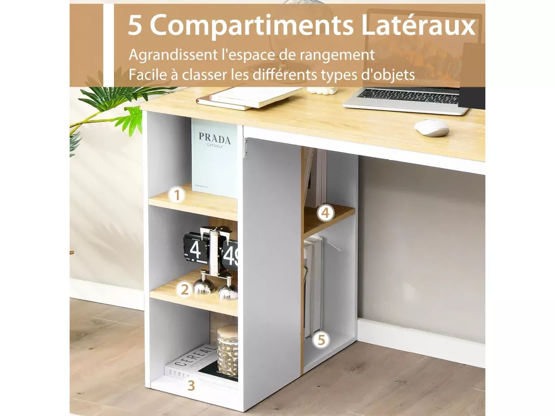 Bureau d'Ordinateur avec Bibliothèque, Bureau Informatique avec 5 Compartiments, Cadre en Métal, Table d'Ordinateur pour Bureau, Chambre, Studio, 115 x 59,5 x 75 cm (Naturel)