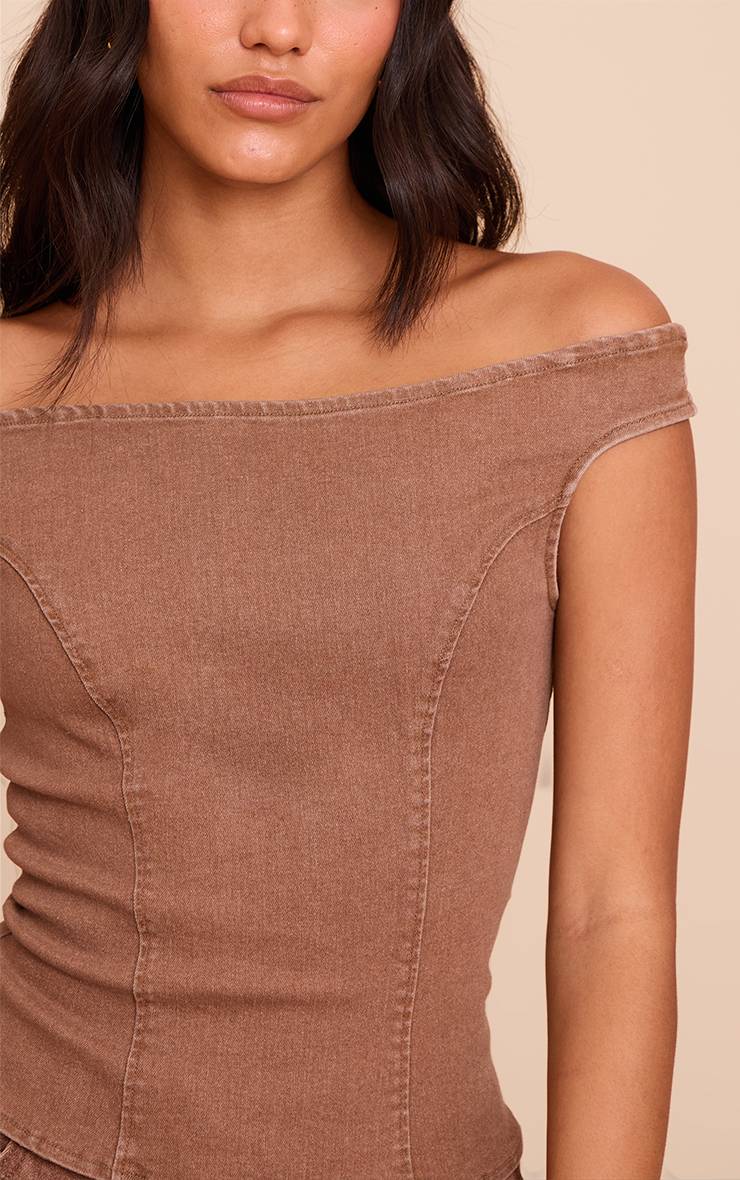 Marron Haut En Denim Stretch À Épaules Dénudées
