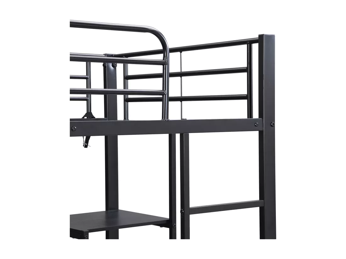 Lit mezzanine 90x200 cm - avec table et penderie - avec échelle 5 marches - fer + panneaux de particules - noir (sans matelas)