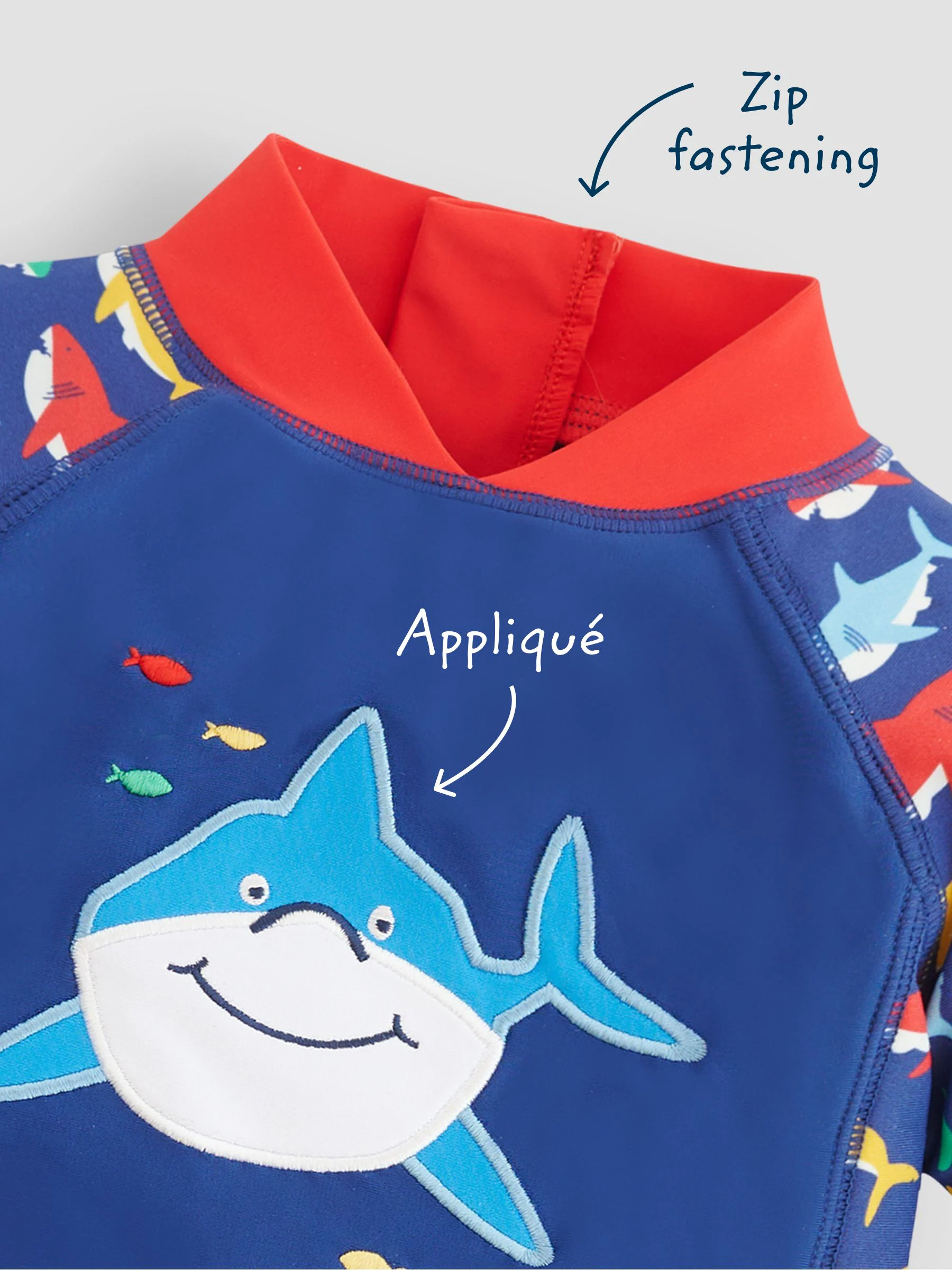Marineblauw met haaien - JoJo Maman Bébé - 50-delig 1-delig UPF zonbeschermend pak