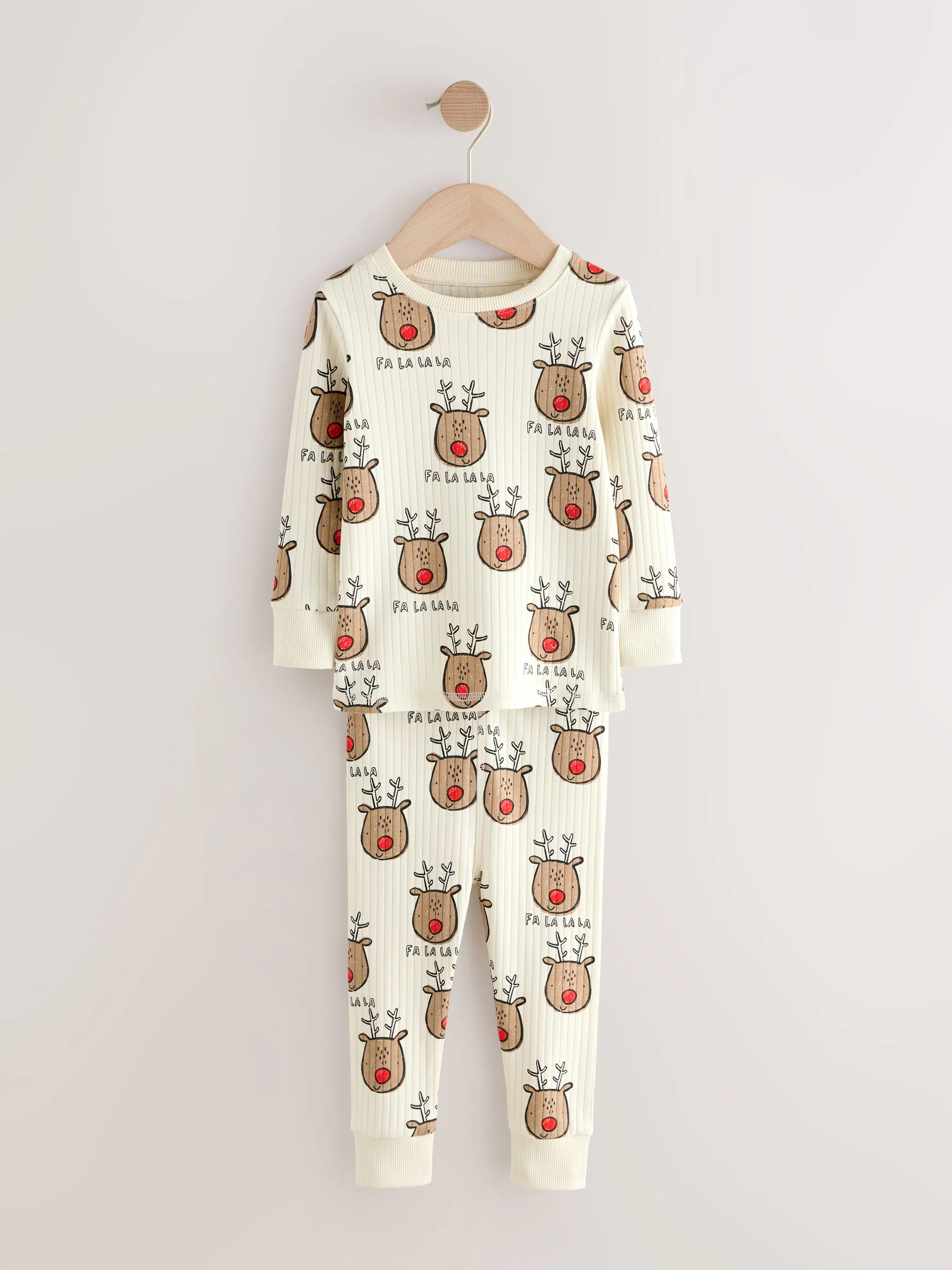 Ecru Wit Kerstmis Rendier - Nauwsluitende enkele pyjama (9mnd-10jr)