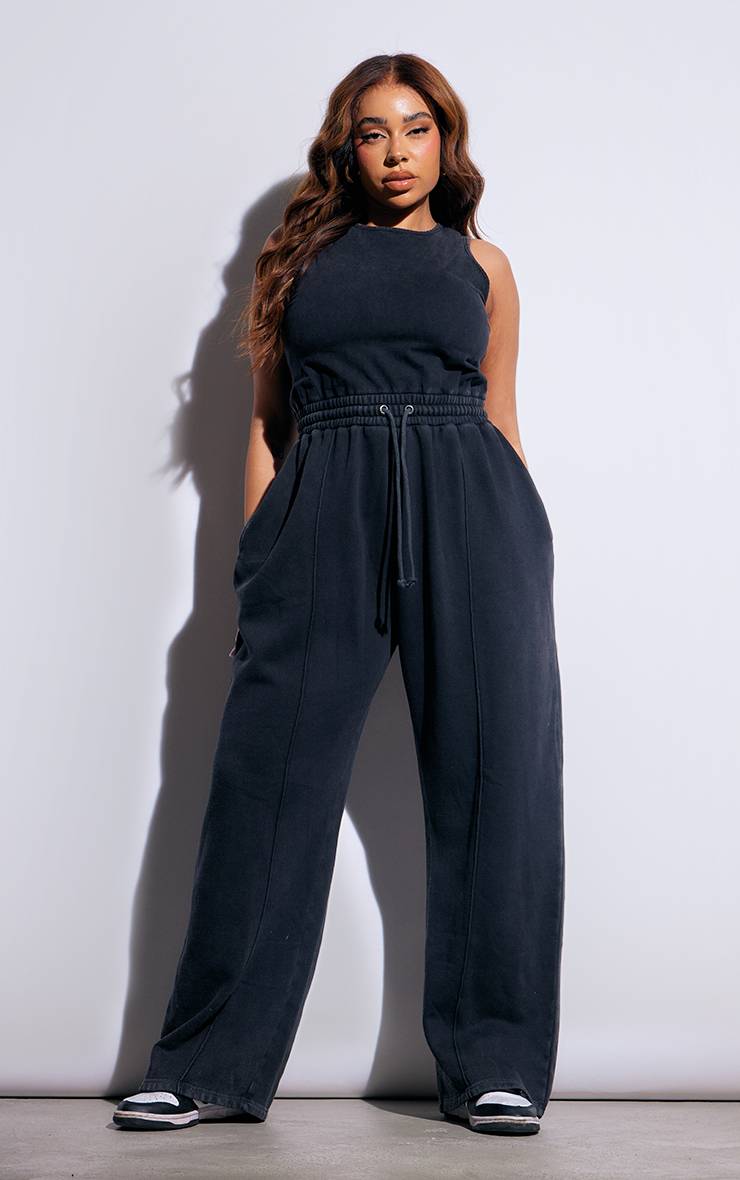 Noir Délavé Combinaison Pantalon Large En Molleton À Encolure Dégagée Grande Taille