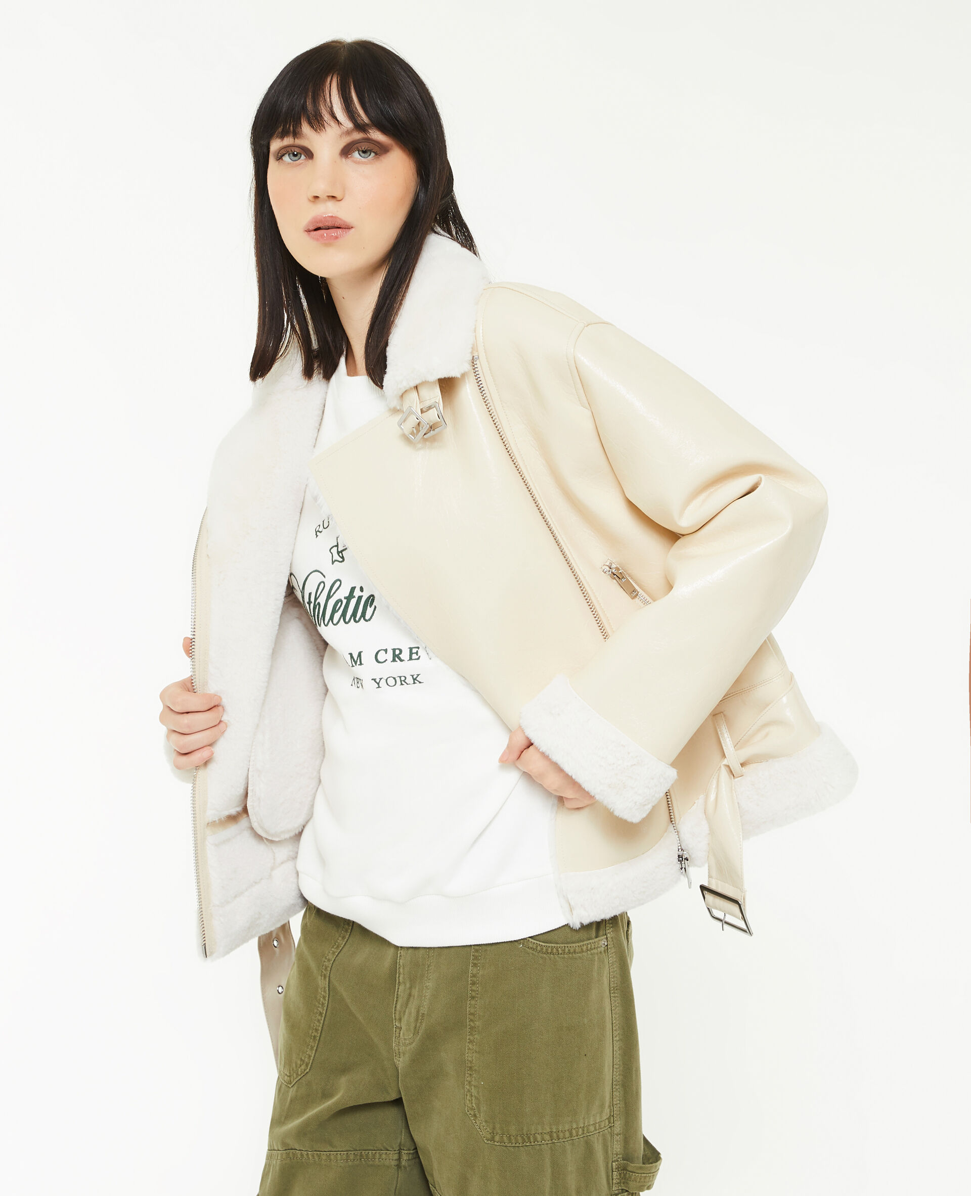 Blouson simili cuir avec doublure fourrure - Sable