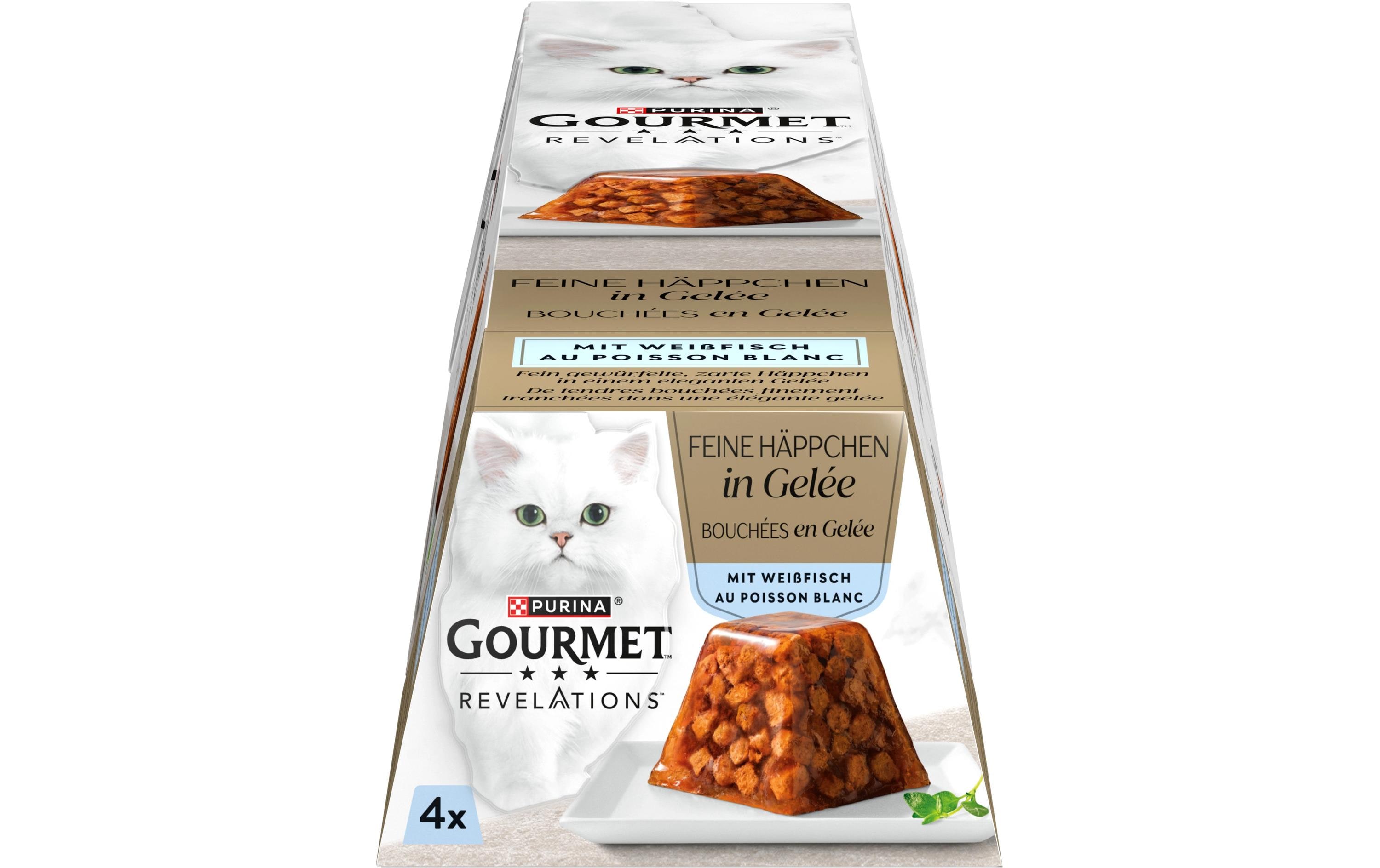 Nassfutter Feine Häppchen Gelée Weissfisch 4 x 57gAlleinfuttermittel für ausgewachsene Katzen