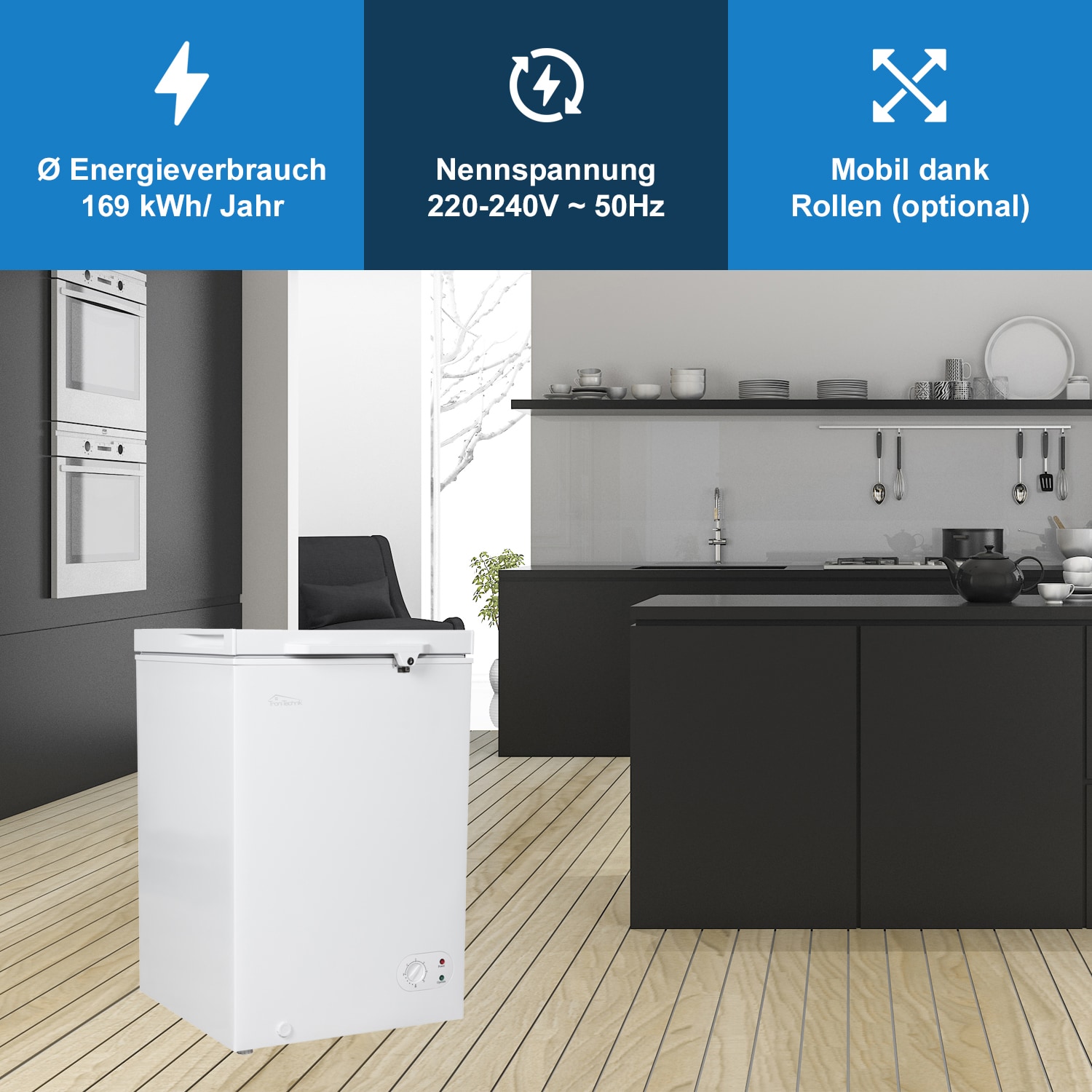 TroniTechnik® Gefriertruhe Kühltruhe BORGAR PRO mit 2in1 Gefrier- und Kühlfunktion | 110 Liter, 169kwh/Jahr | LED-Licht