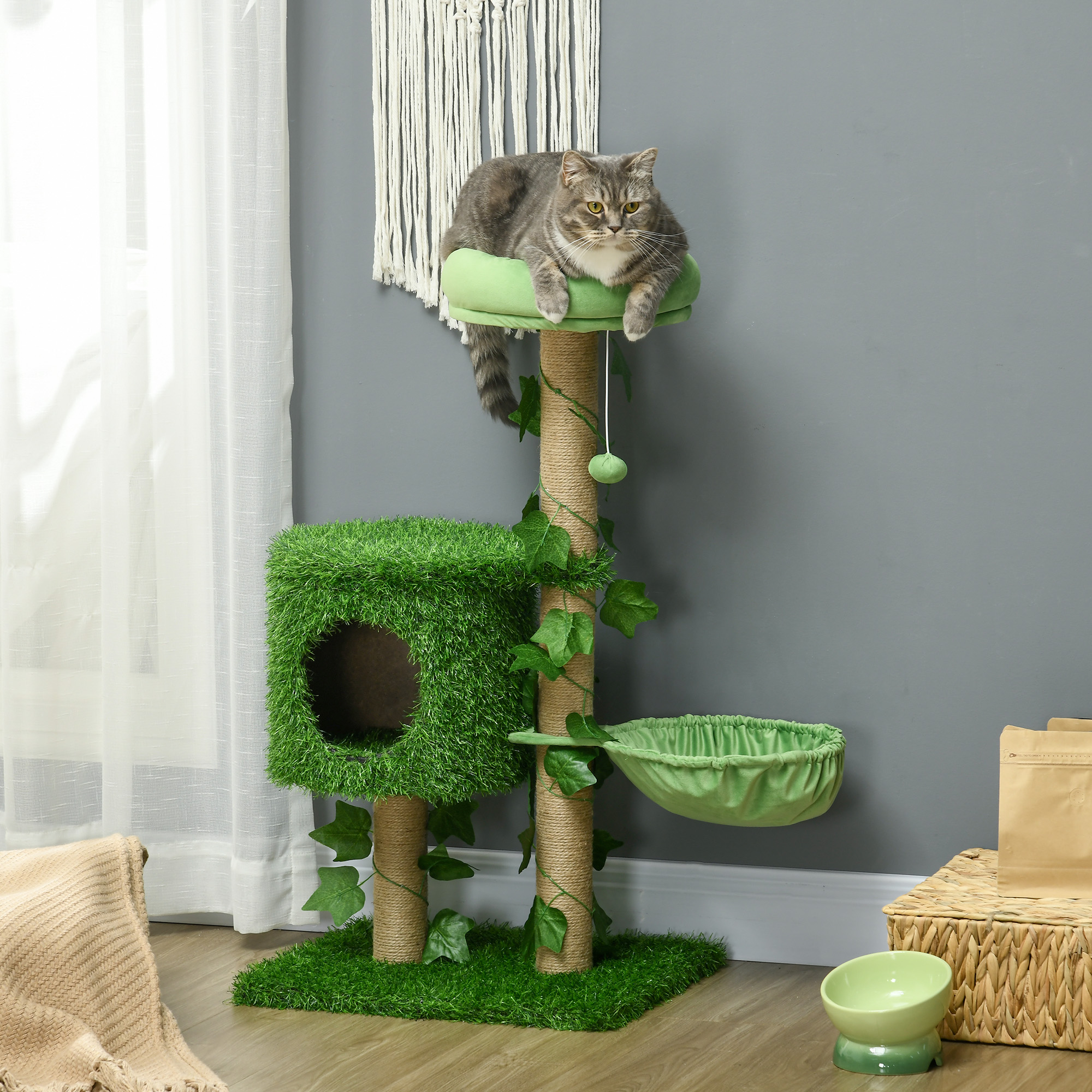 Arranhador para Gatos PawHut, Torre de 91cm para 1-2 Gatos com Casinha, Cama, Rede, Poste de Juta e Bola Pendurada, 50x40x91cm, Verde