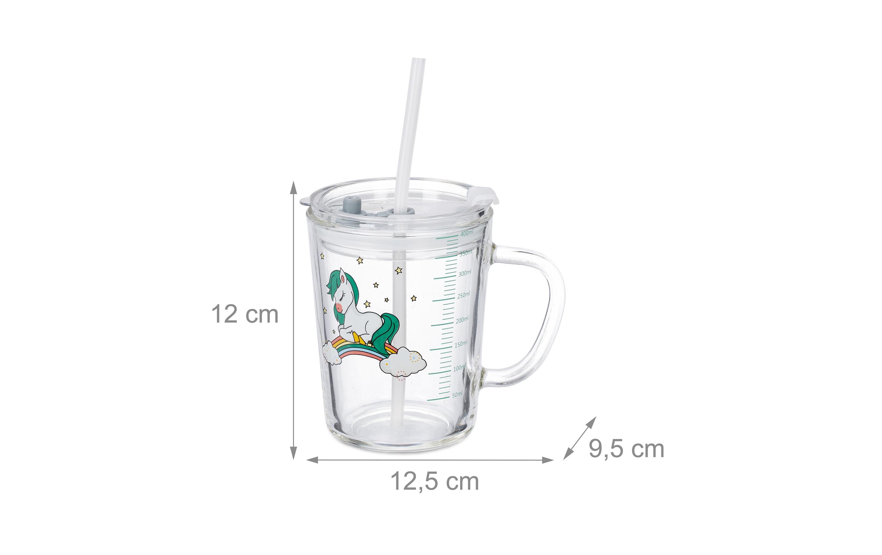 Kindertrinkglas 2 Stück, PferdemotivGlas mit Deckel und Strohhalm