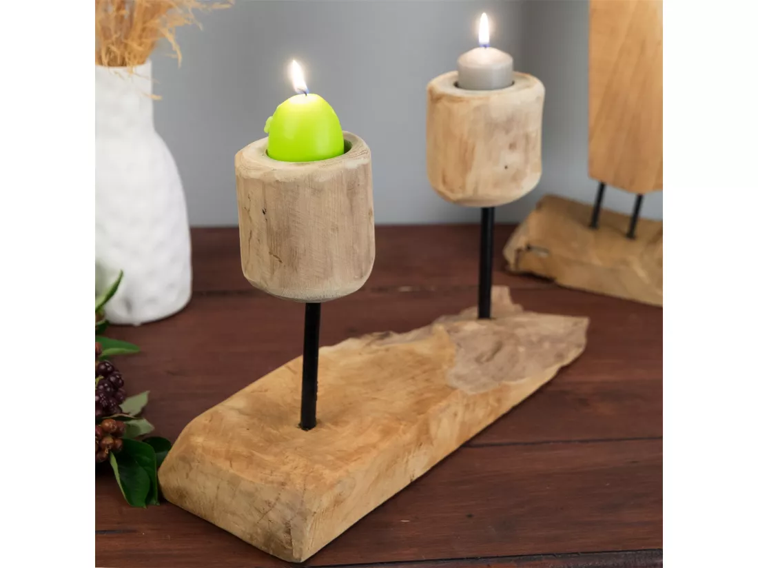 BOUGEOIR Deux lumières Bois de racine de teck, pour 2 bougies
