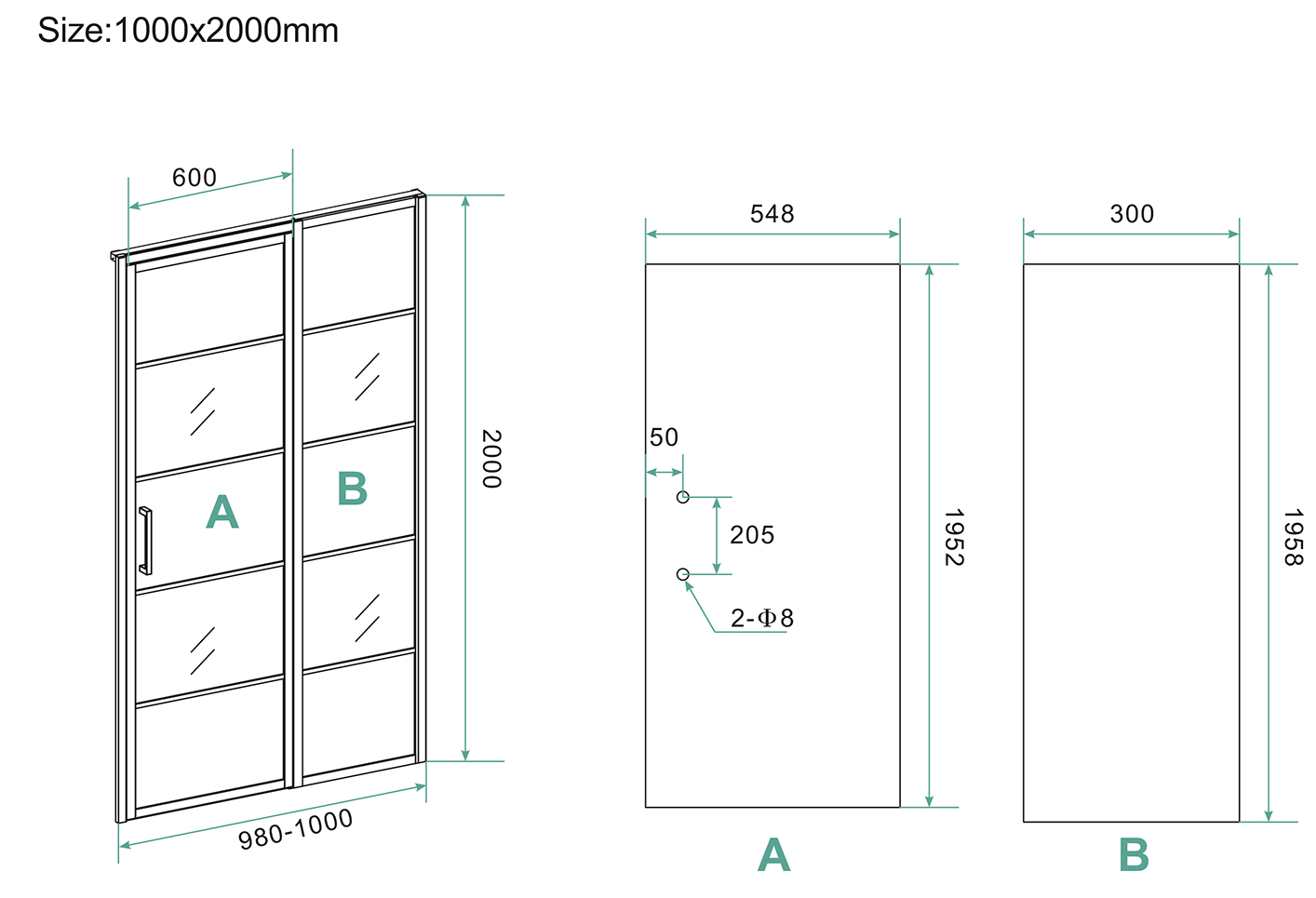 Mueller Skyline nisdeur met vaste wand 100x200 mat zwart anti-kalk