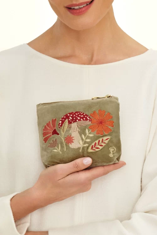 Powder Velvet Embroidered Toadstool pouch met rits