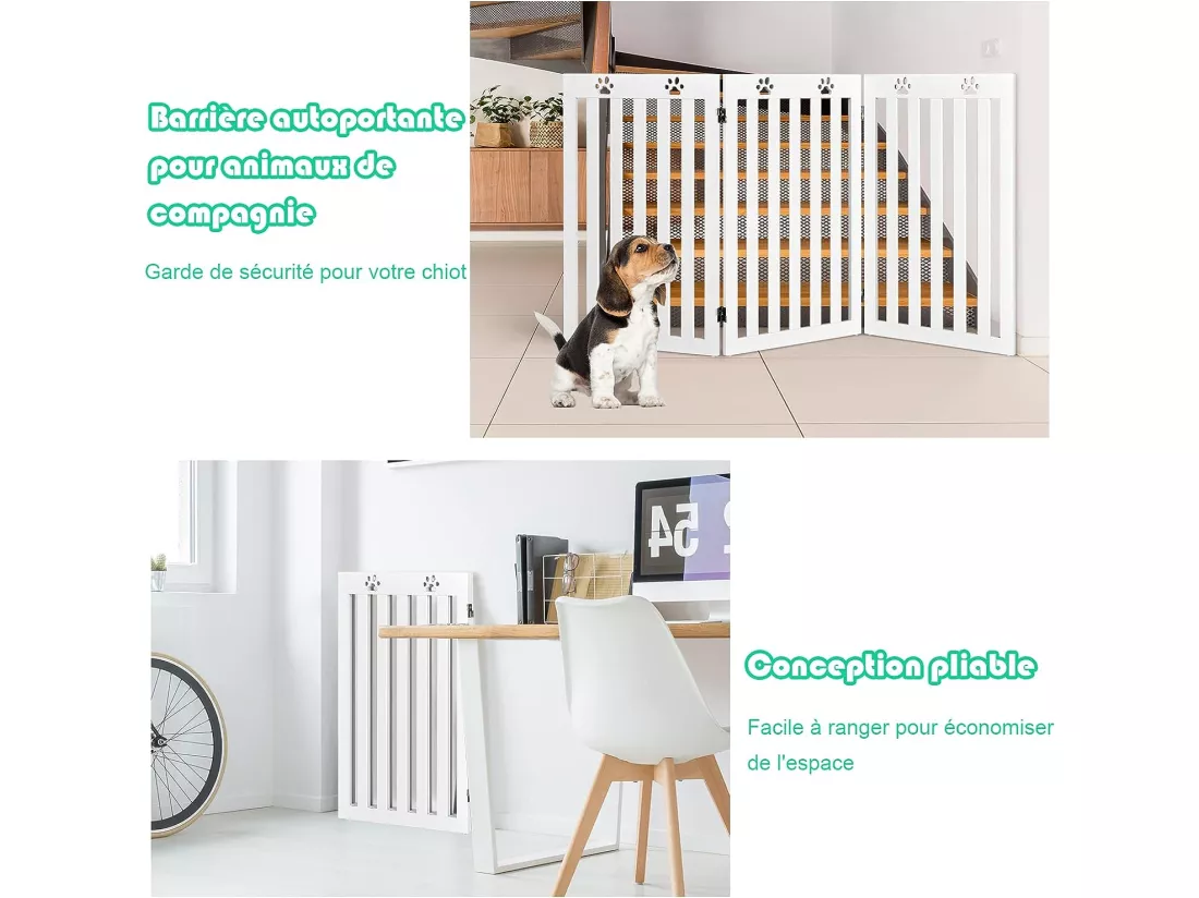 Barrière autoportante pour chien 3 panneaux en bois charnières , sans perçage