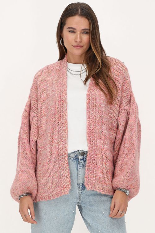 Lichtroze grof gebreid vest met lurex