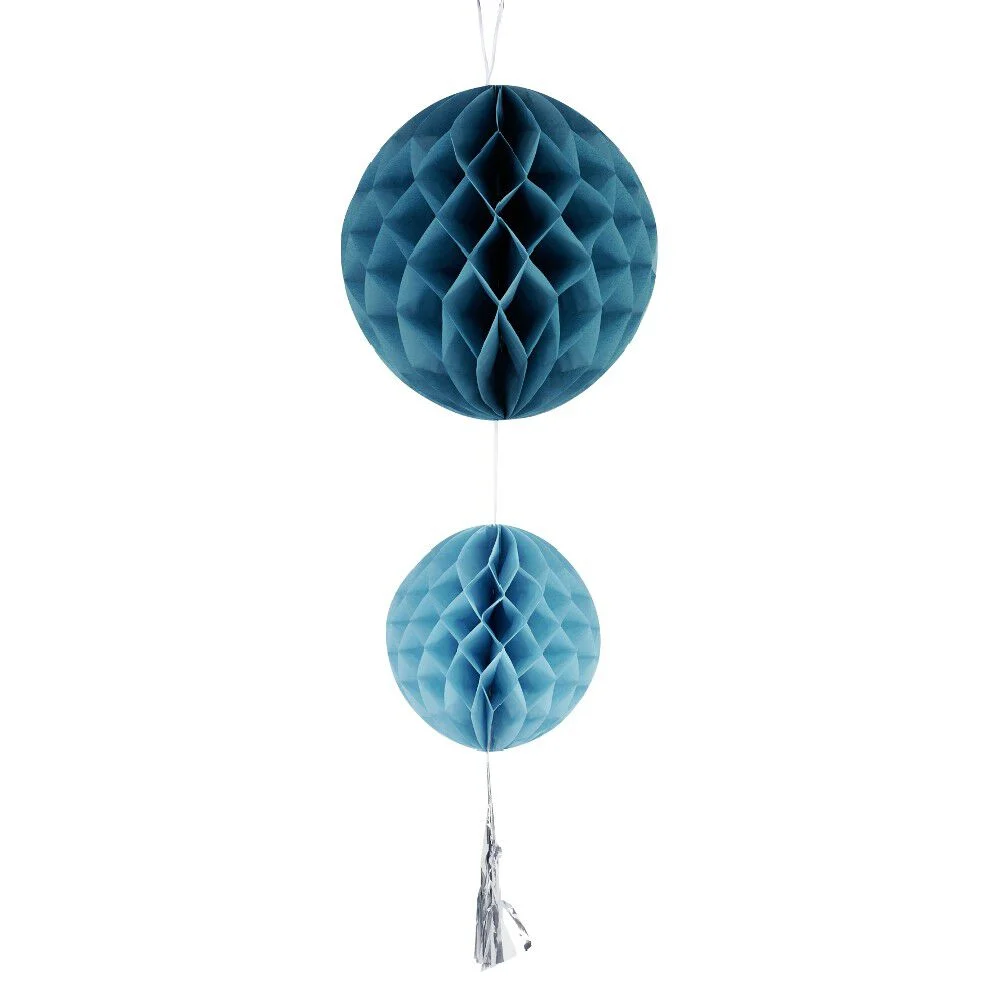 Suspension 2 boules en papier bleu et son pompon