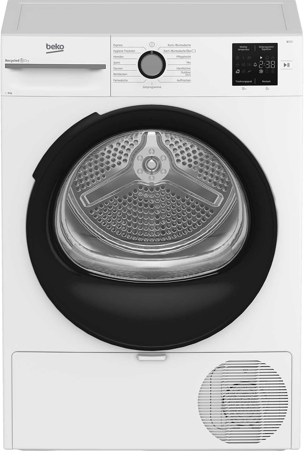 Beko BM3T38220X Wäschetrockner, 8 kg, Frontlader Wärmepumpentrockner, 15 Programme, Sensortrocknung, Säulenfähig, Aquawave Schontrommel, Weiß