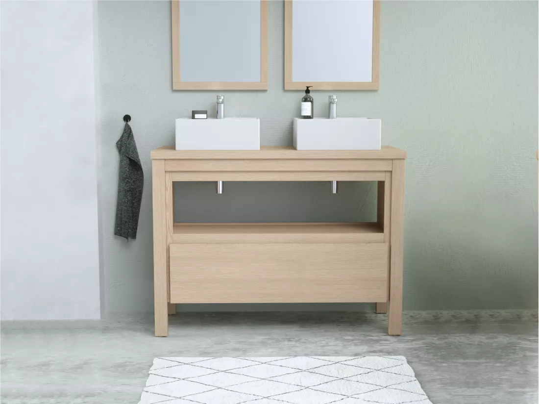 Meuble de salle de bain avec double vasque à poser - Placage chêne - 120 cm - COSMOTI