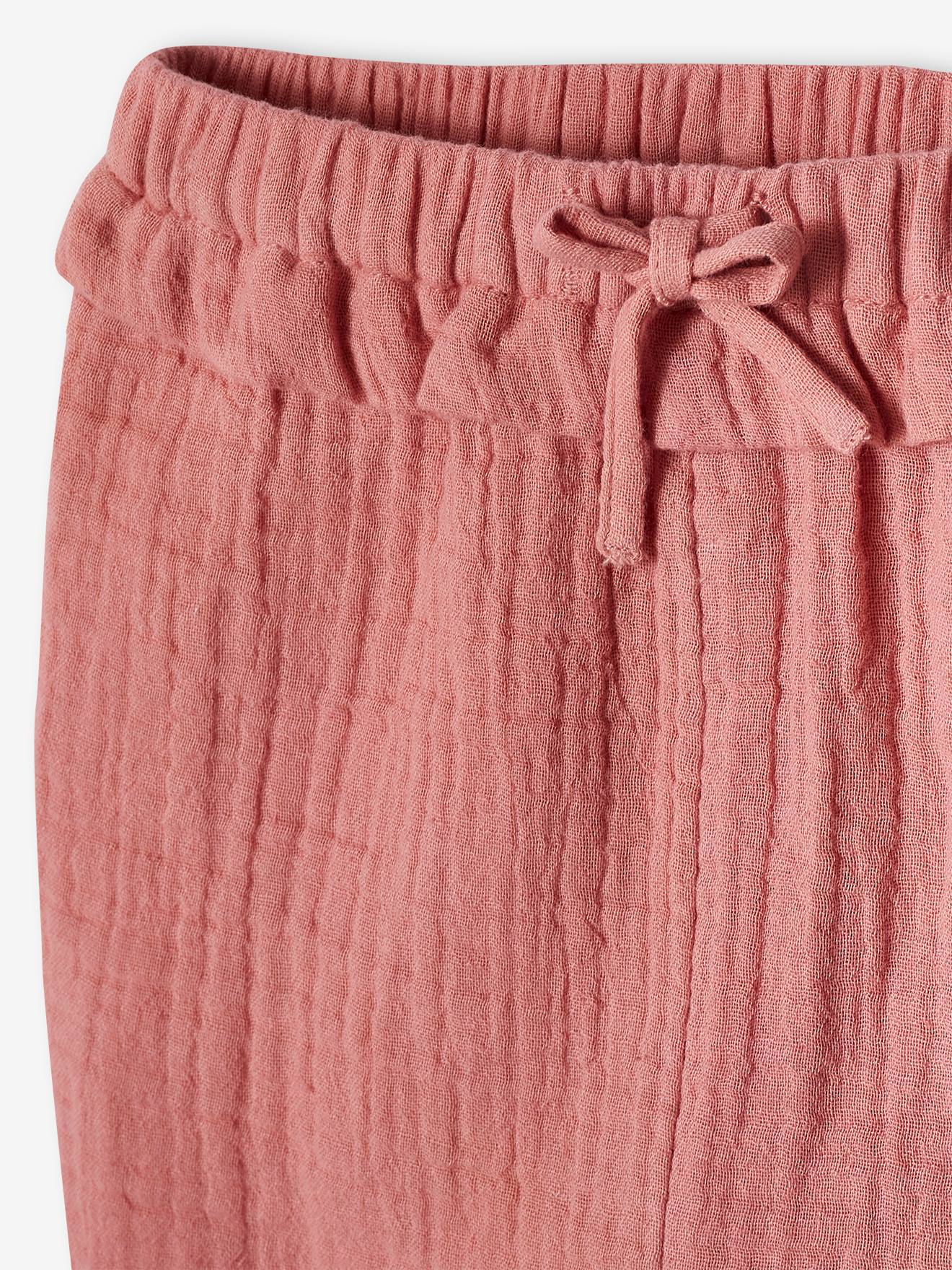 Calças de chiffon de algodão para bebê, rosa claro