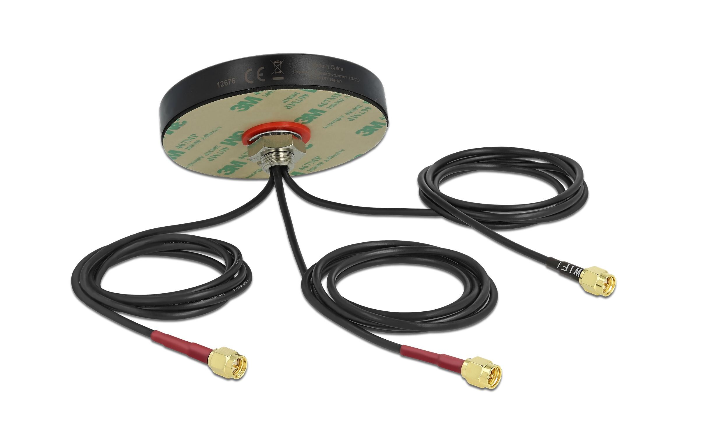 LTE/WLAN/GPS-Antenne LTE MIMO Dualband SMA 2 dBi RundstrahlDelock LTE MIMO Dualband WLAN 802.11 ac/ax/a/h/b/g/n Antenne 3 x SMA Stecker RG-174 1 m Schraubmontage outdoor schwarz