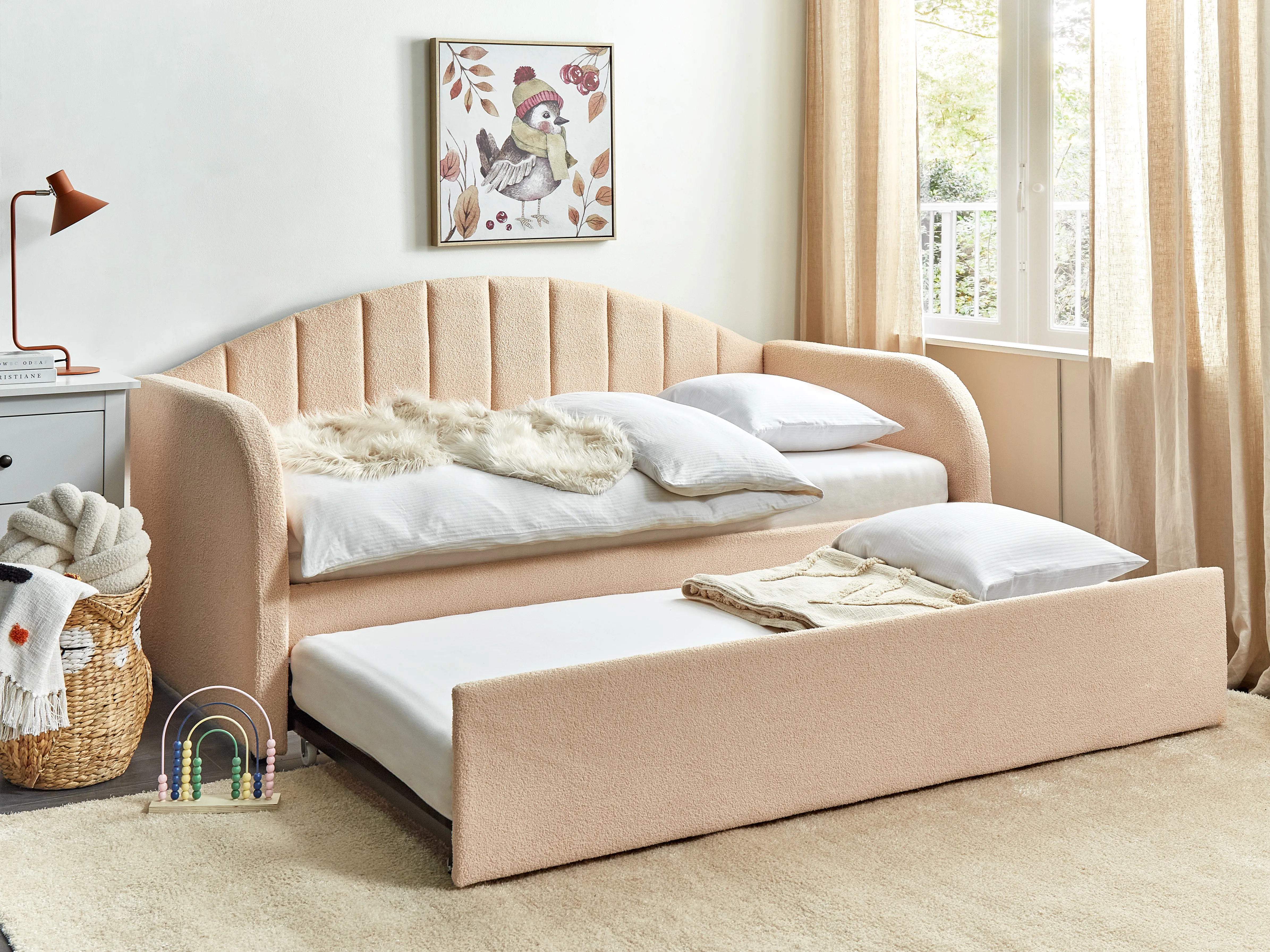 Onderschuifbed Bouclé EYBURIE 90 x 200 cm Perzikroze
