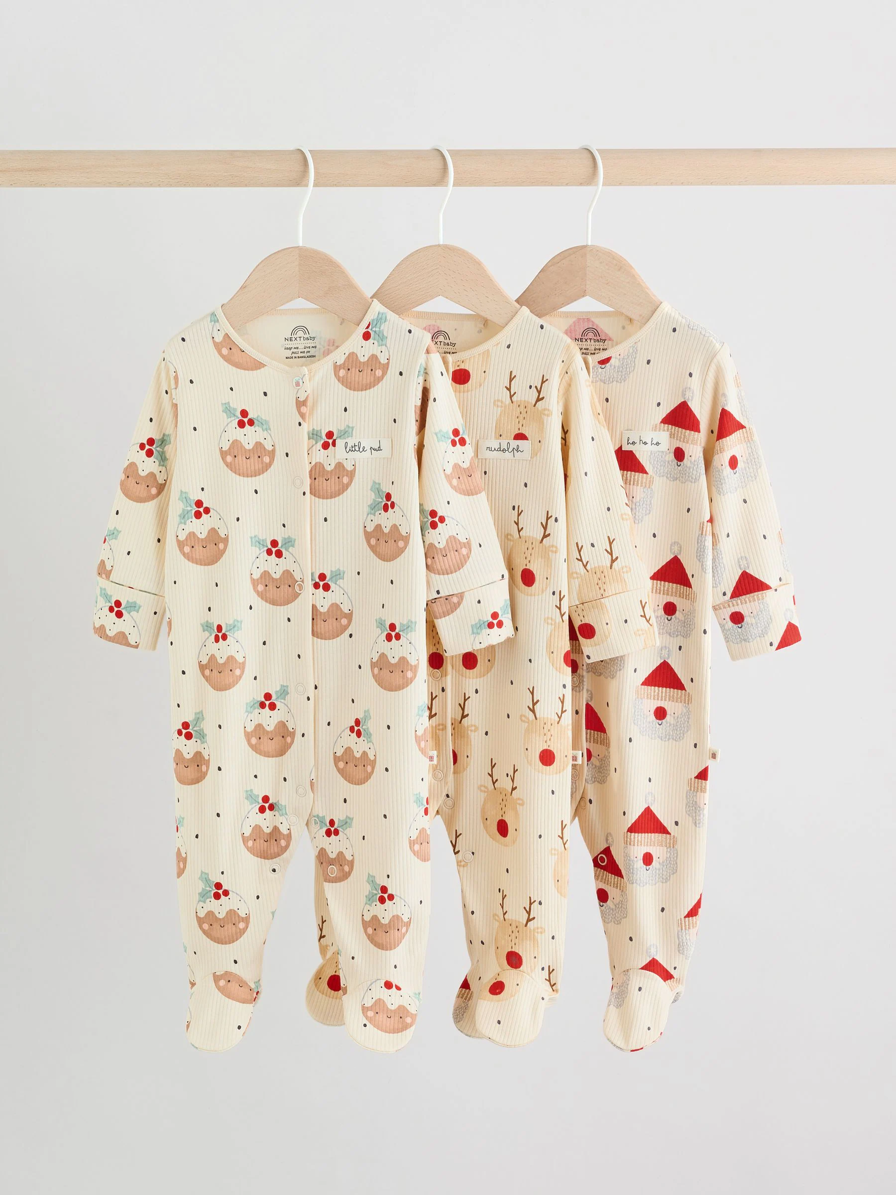 Ecru - Baby Kerstmis pyjama's met drukknopen 3 stuks (0mnd-2jr)