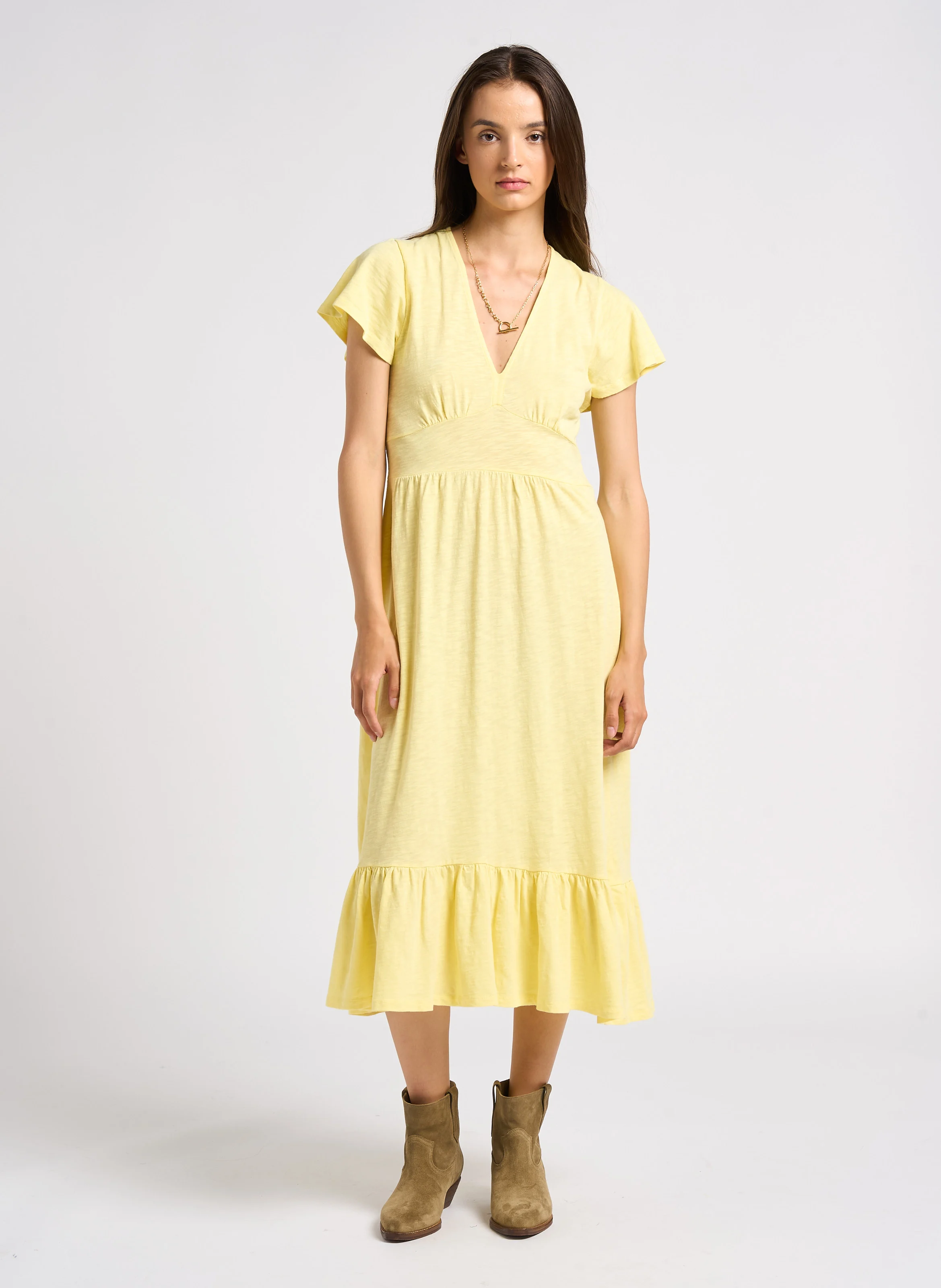 VALMA - Robe midi col V en coton| Jaune