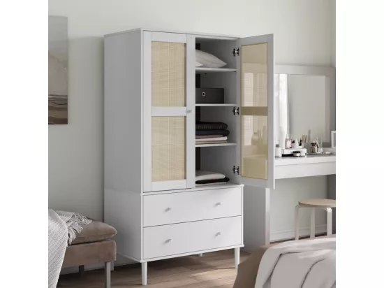 Garde-robe SENJA aspect rotin blanc 90x55x175cm bois massif pin