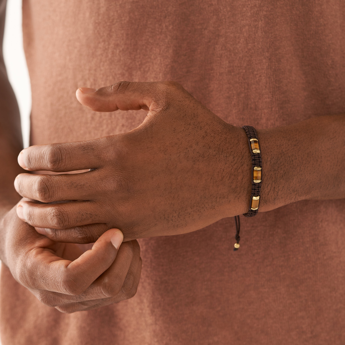 Bracelet FOSSIL acier inoxydable doré cordon brun et oeil de tigre